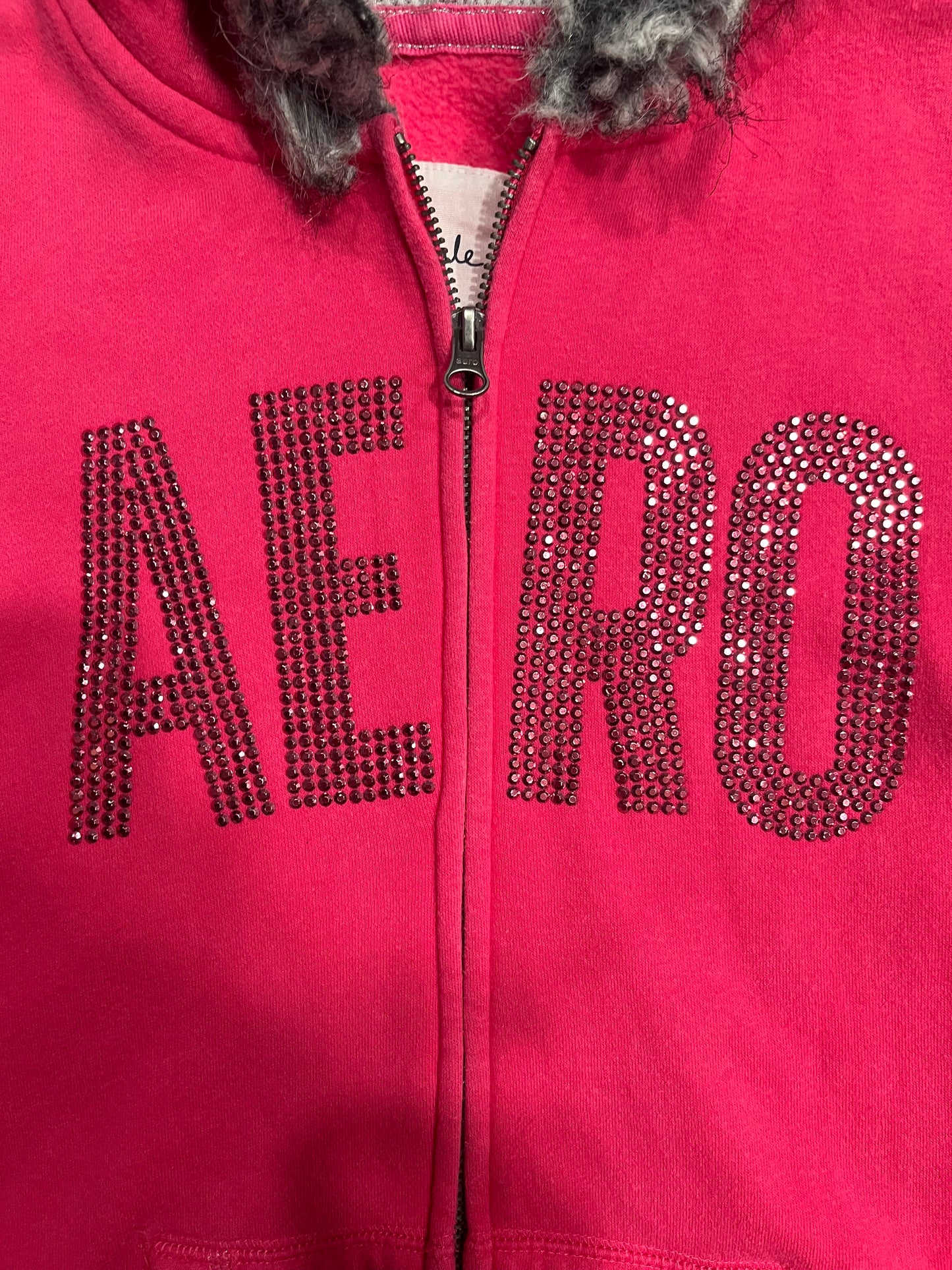(S) 2000s Pink Bedazzled Mcbling Aeropostale Fur Hood Jacket