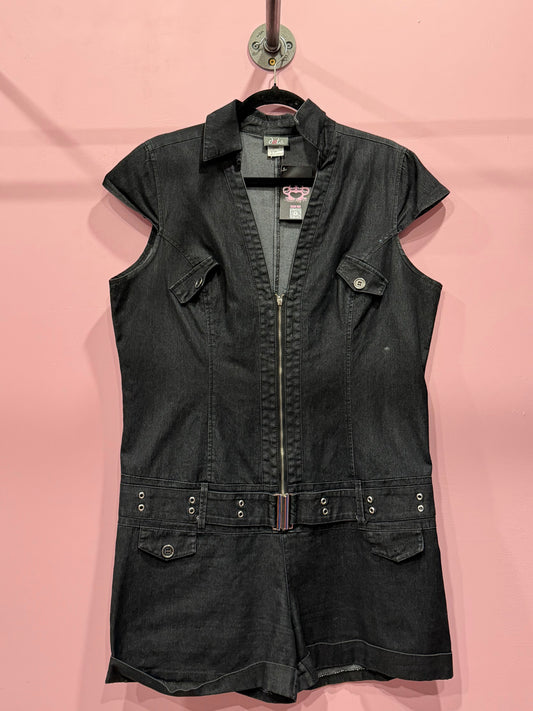 (XL) early 2000s dots black denim romper