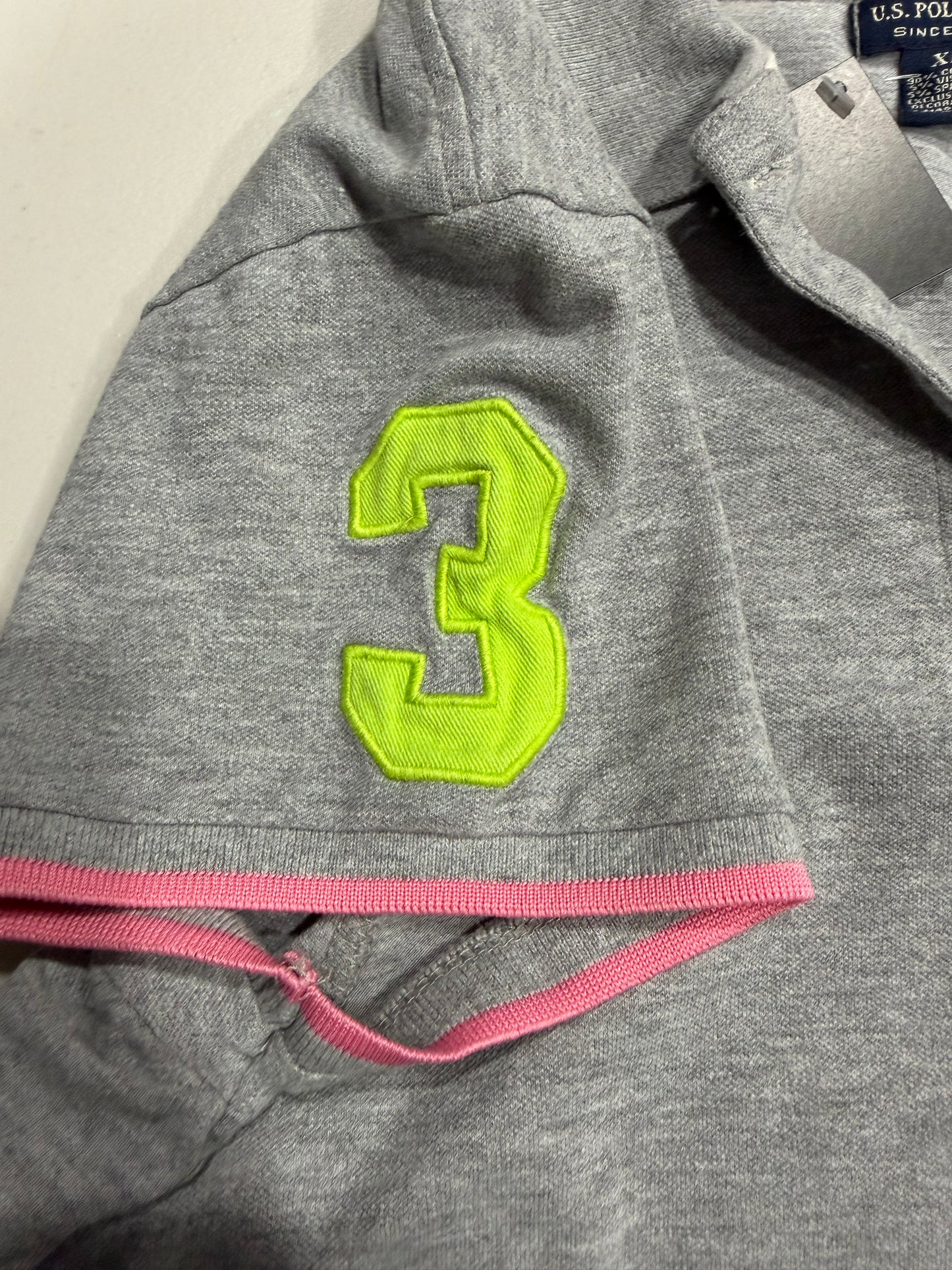 (XL) early 2000s grey, pink & green polo top