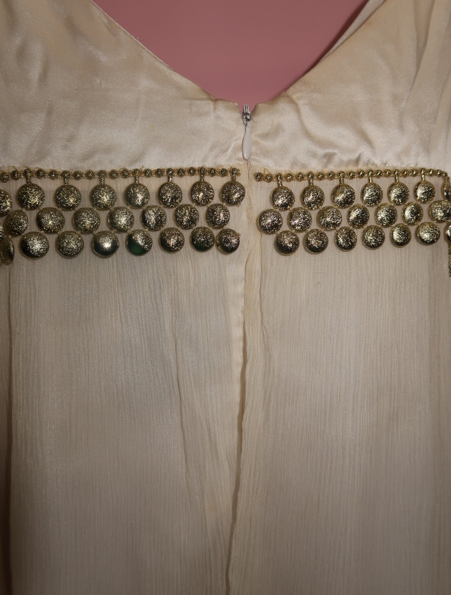 (M) vintage gold & white beaded 100% silk midi dress