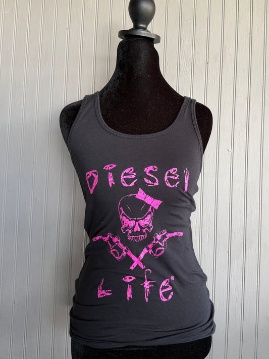 (S) y2k “diesel life” skull bow gun graphic tank top