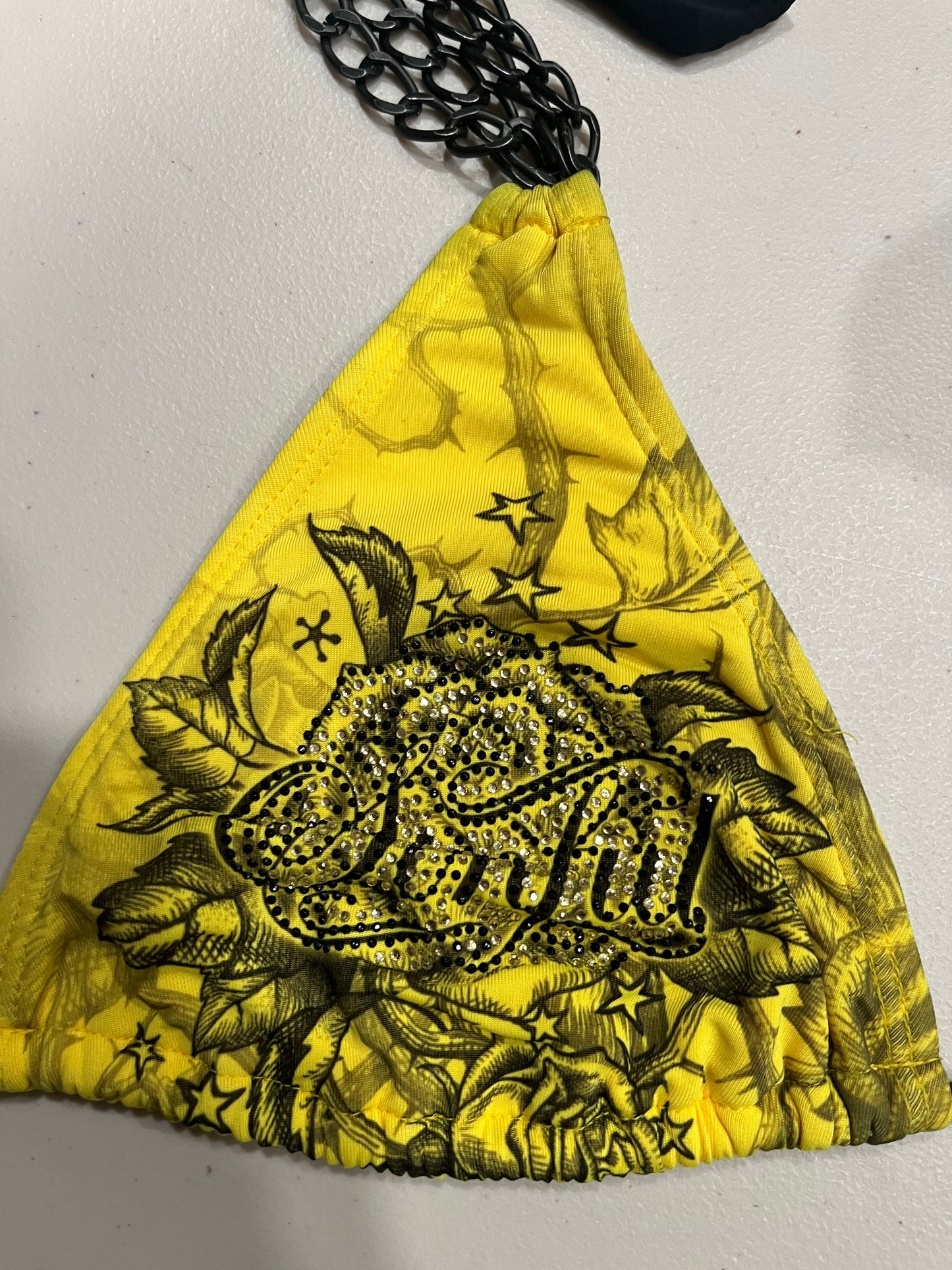 (M/L) Sinful yellow chain embellished bikini top