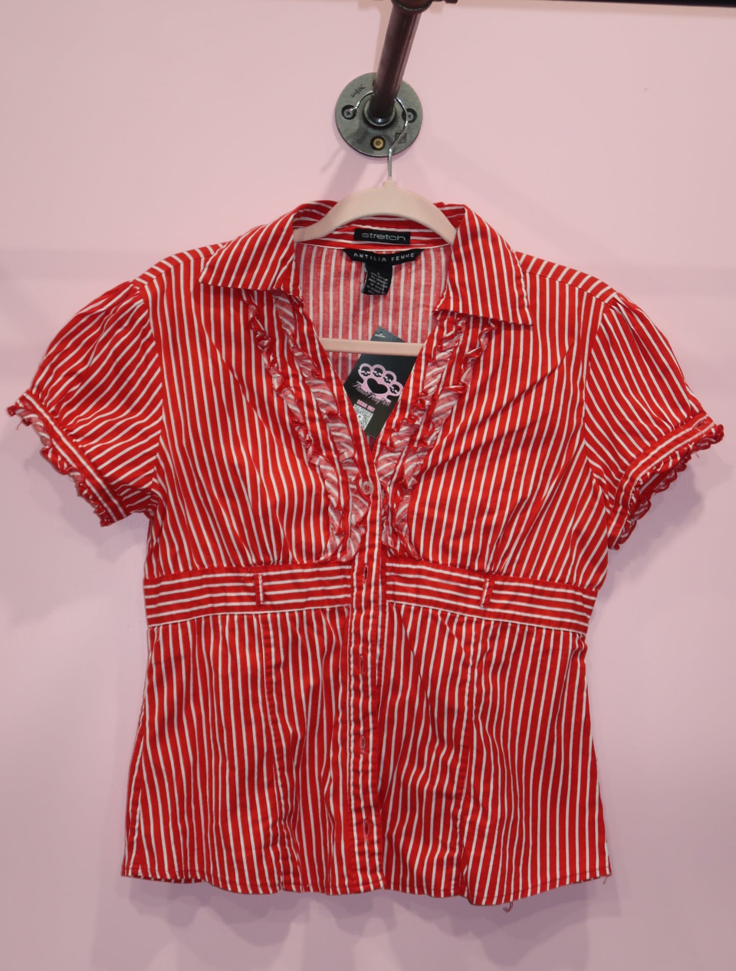 (L) vintage ruffled trim pin striped button up top