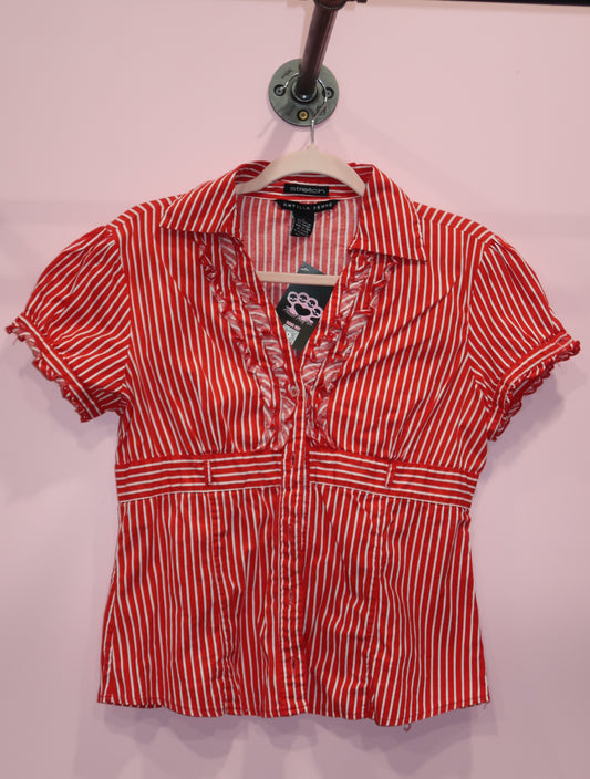 (L) vintage ruffled trim pin striped button up top