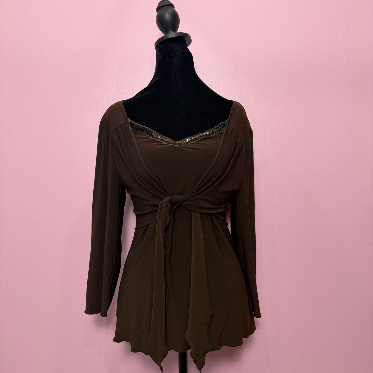 (L) y2k brown sequin trim tie up long sleeve top