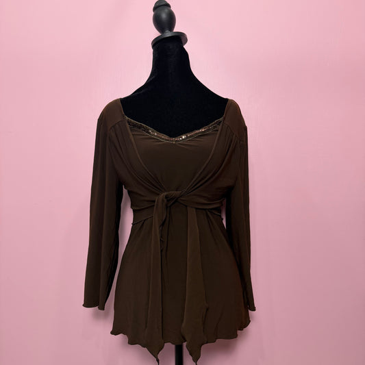 (L) y2k brown sequin trim tie up long sleeve top