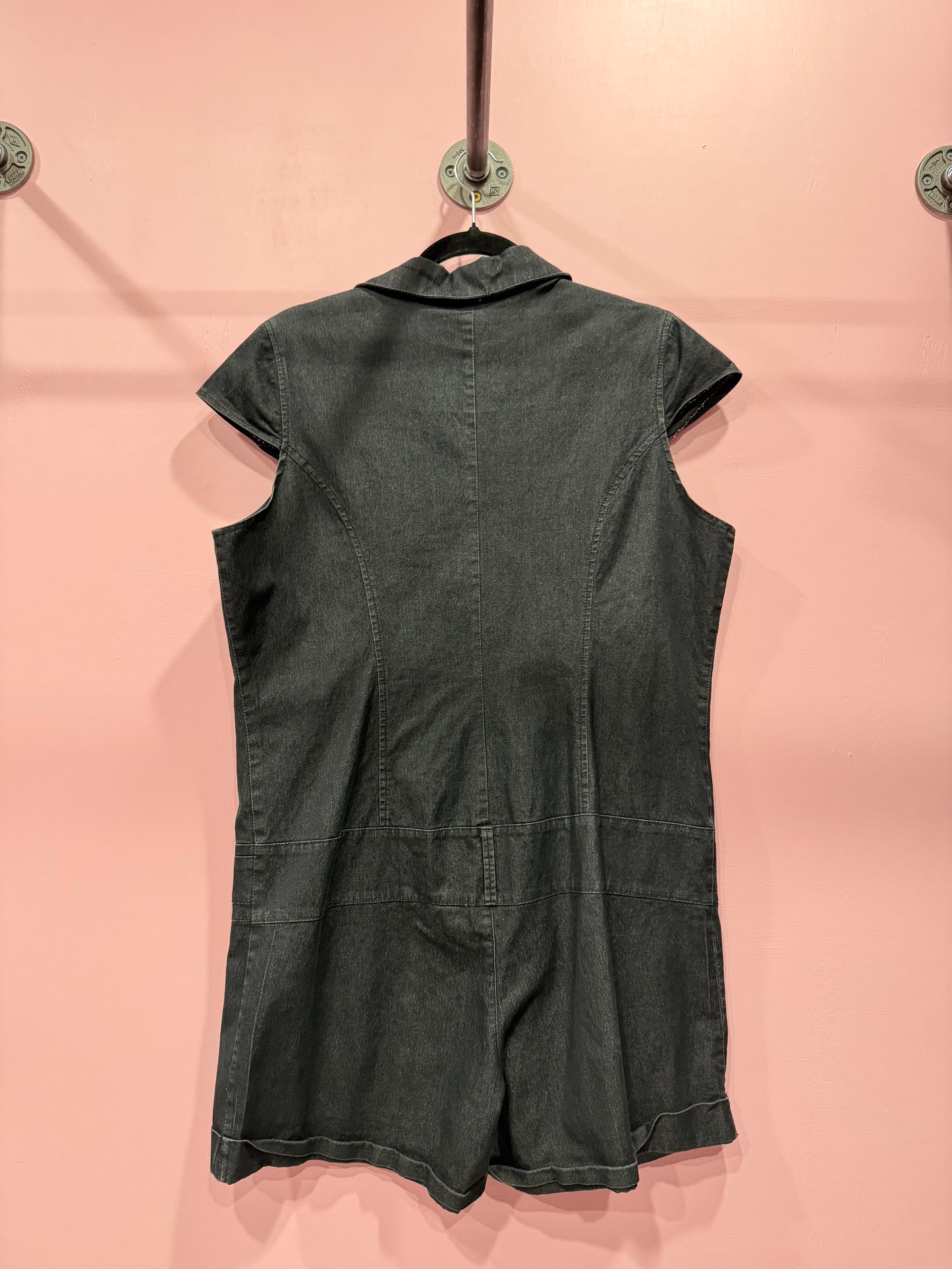 (XL) early 2000s dots black denim romper