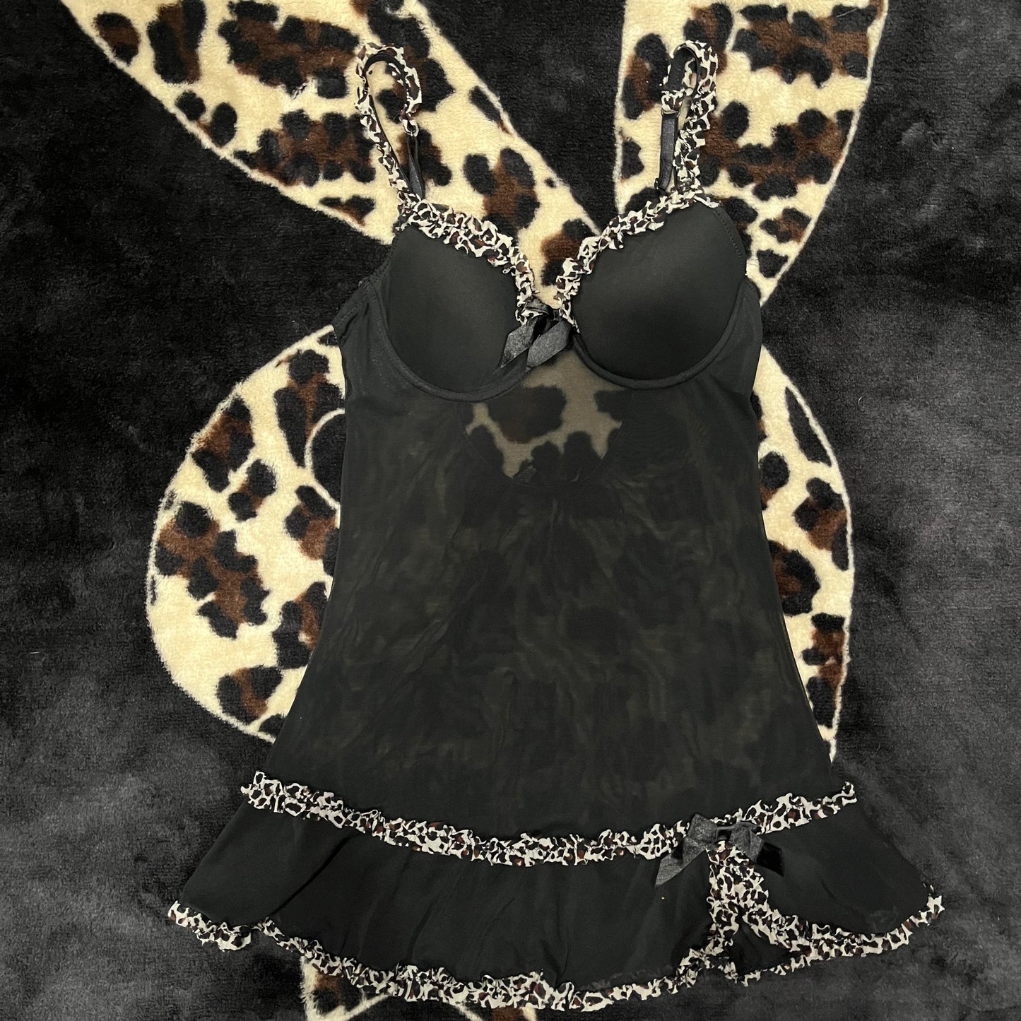 (M) 2000s rampage lingerie leopard print ruffled bow top