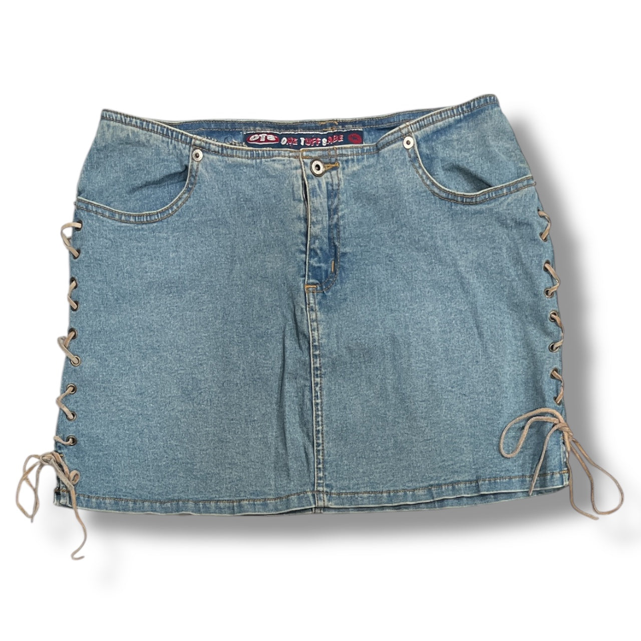 (28”) Vintage “One Tuff Babe” Denim Tie up Skirt