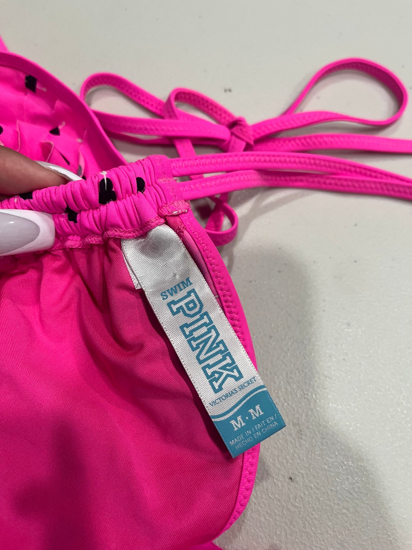 (M/L) 2000s PINK By VS Hot Pink Ruffle Heart & Arrow Bikini Set