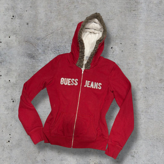 (M) early 2000s guess jeans fur hood red embellished red zip up jacket