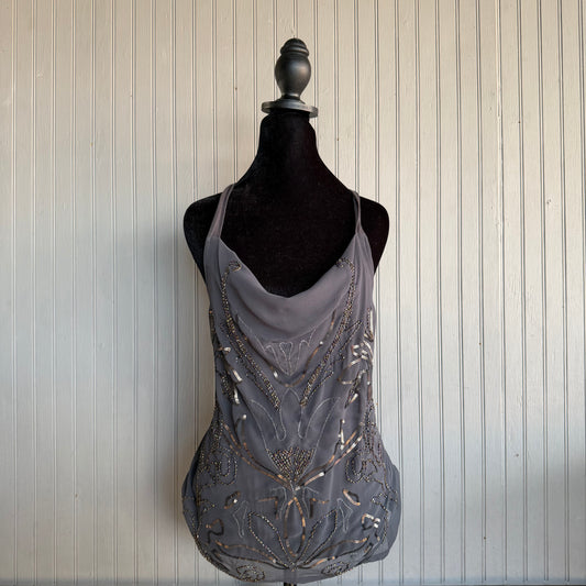 (M) 2000s Express grey beaded cowl neck halter top