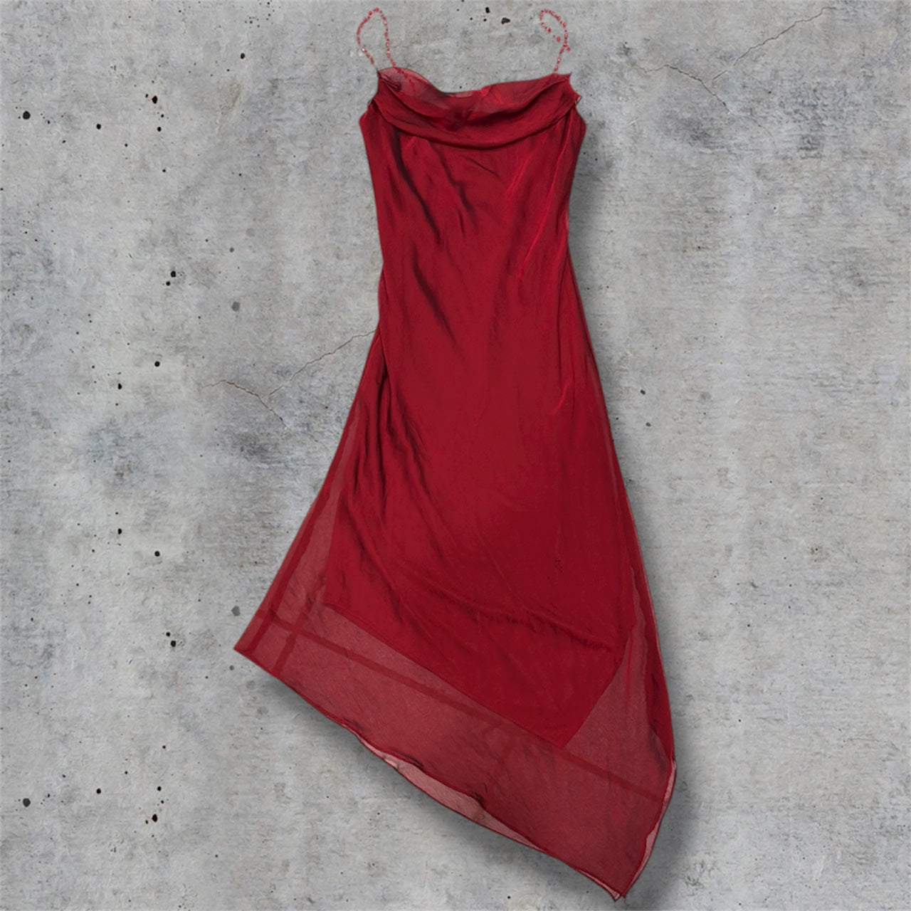 (S) Vintage/Early 2000s Charlotte Ruse Red Asymmetrical Beaded Strap Dress