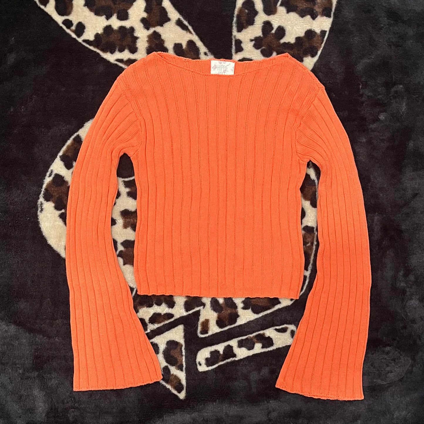 (XS) Knit Bell Sleeve Orange Fitted Top