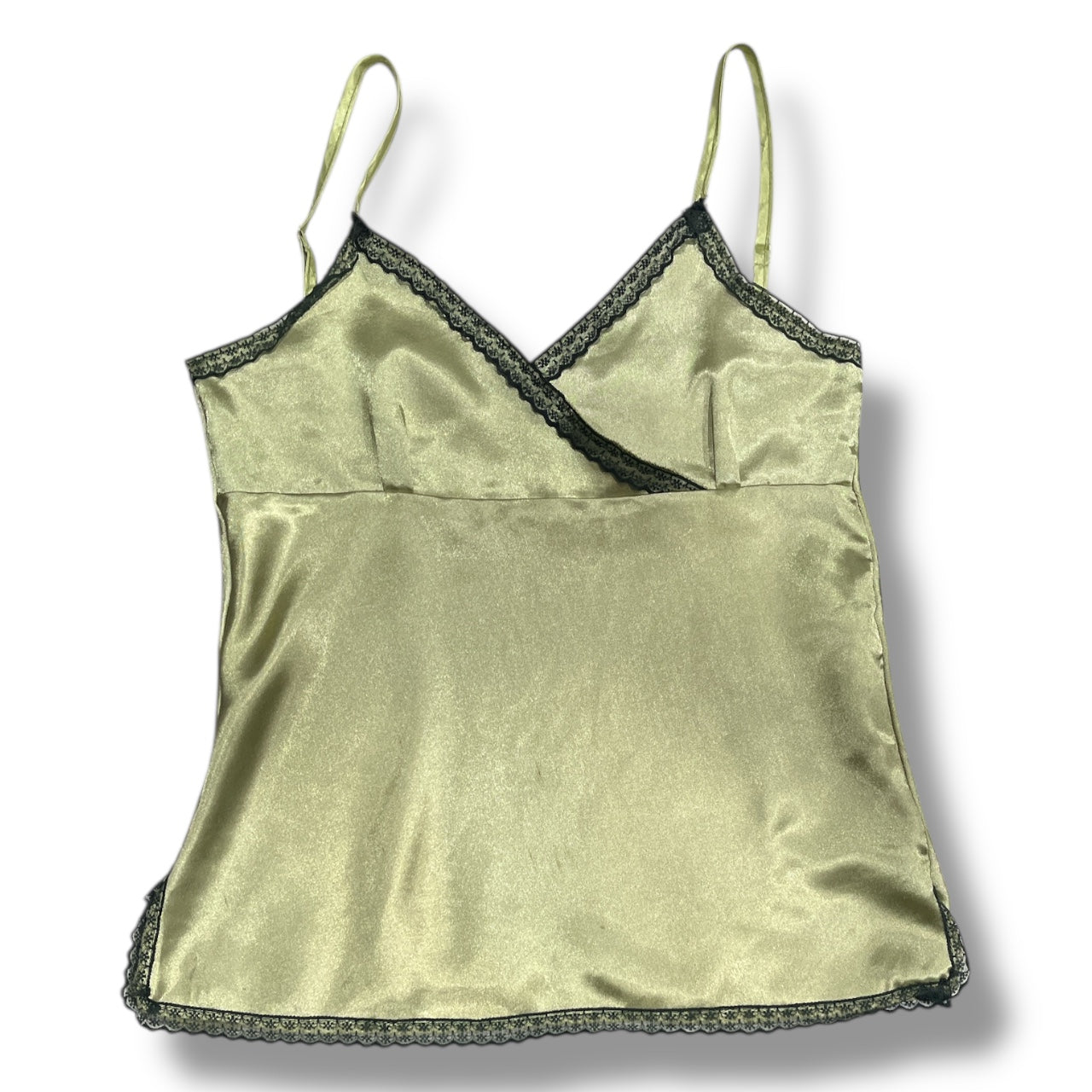 (L/XL) Y2K Green Silk Lace Trim Tank
