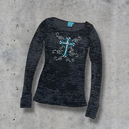 (M) Y2K Cowgirl Hardware Mesh Embellished Cross Fitted Long Sleeve