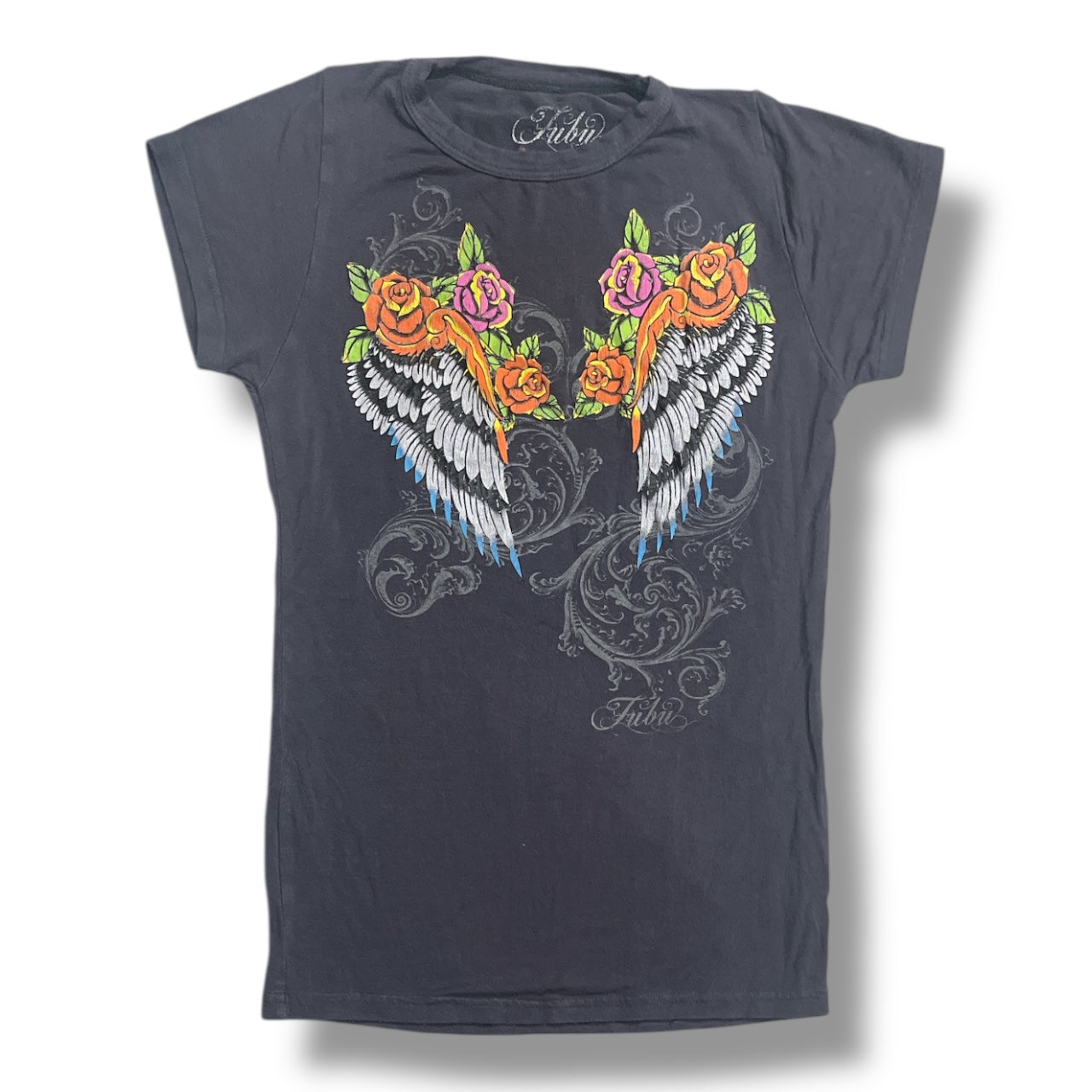 (XS) 2000s Angel Wing & Roses Fitted Graphic Top