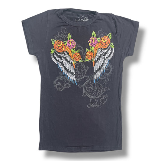 (XS) 2000s Angel Wing & Roses Fitted Graphic Top