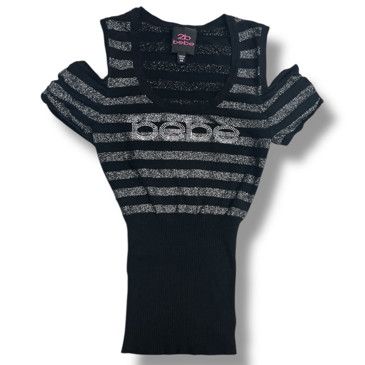 (XS/S) Y2K Bebe Rhinestoned Glittery Striped Cold Shoulder Top