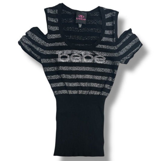 (XS/S) Y2K Bebe Rhinestoned Glittery Striped Cold Shoulder Top
