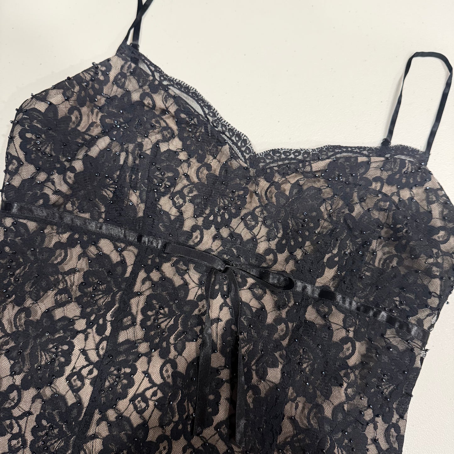 (S/M) vintage express floral lace silk bow tie black dress