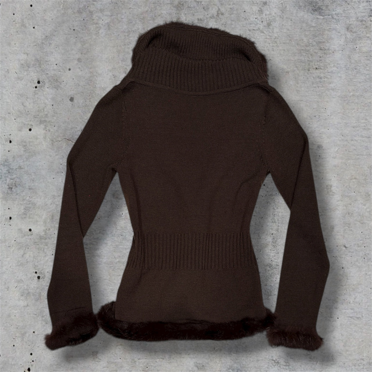 (M/L) vintage fur trim brown knit cardigan sweater