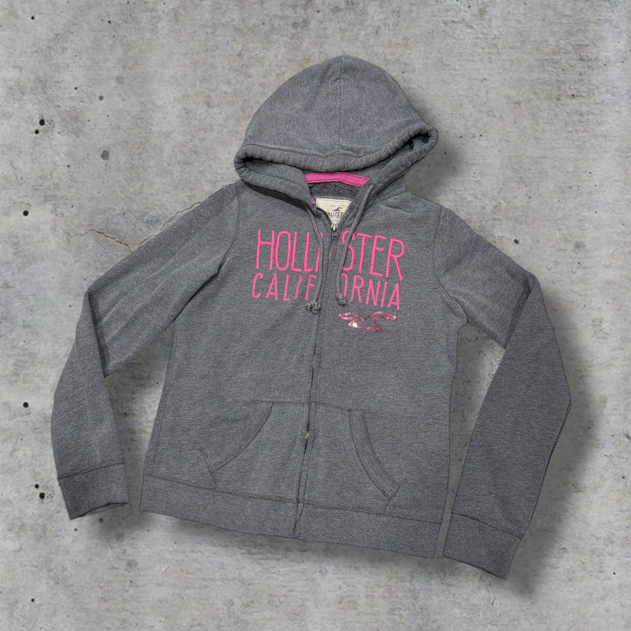 (M) early 2000s hollister pink sequin grey zip up jacket