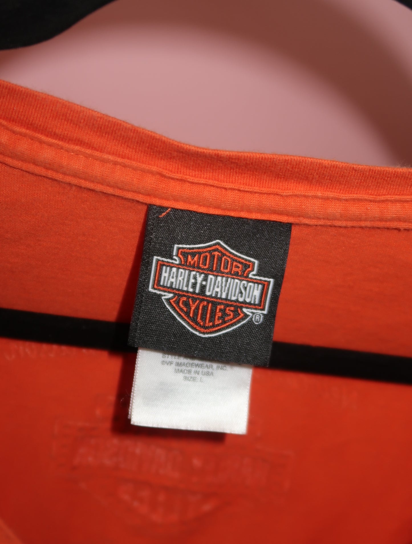 (L) Harley Davidson orange graphic top