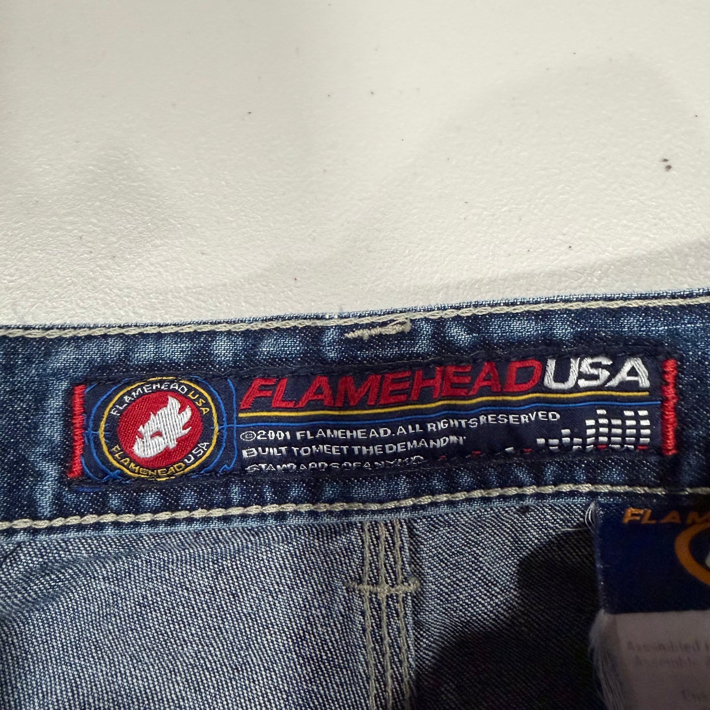 (28”) vintage/y2k flamehead embroidered striped jeans