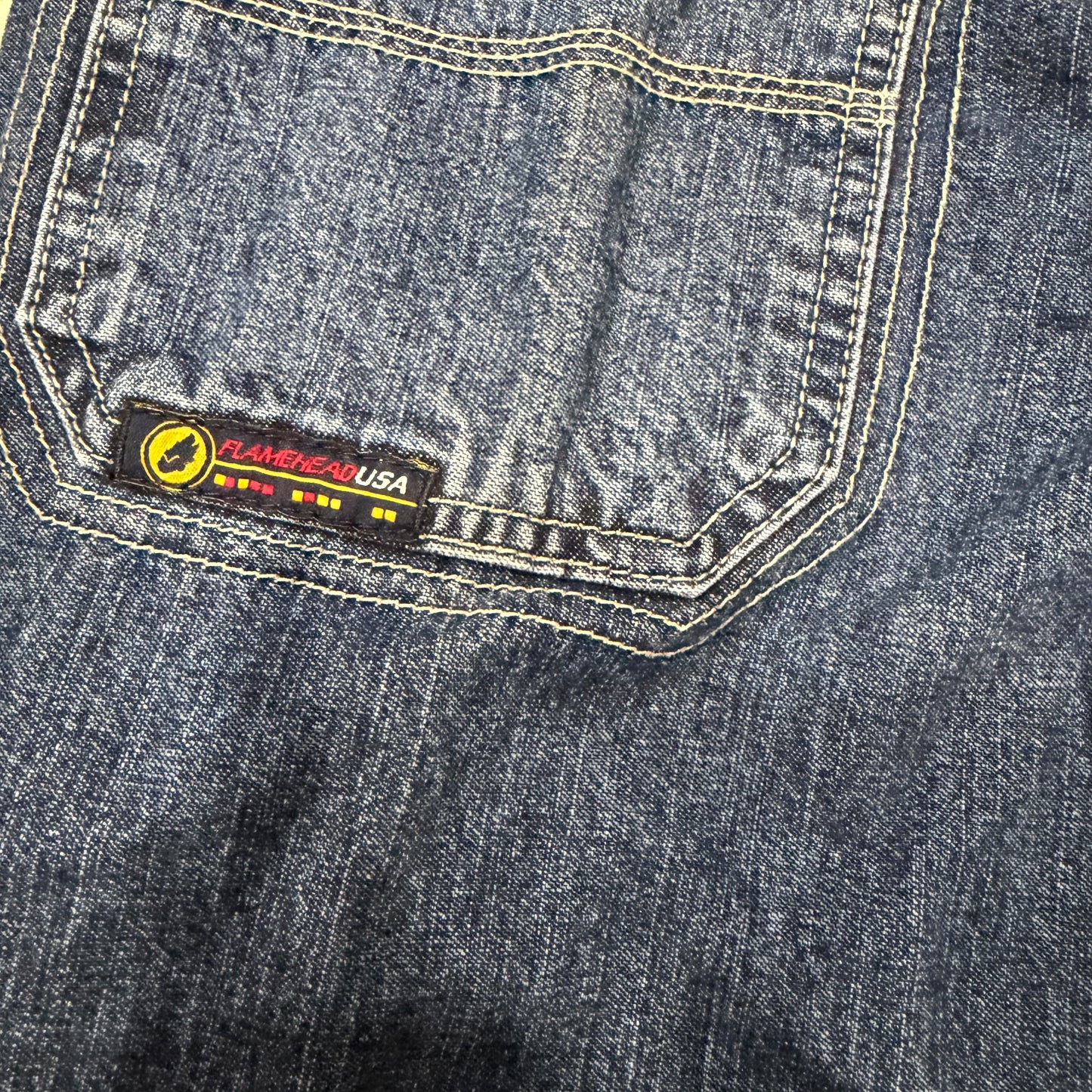 (28”) vintage/y2k flamehead embroidered striped jeans