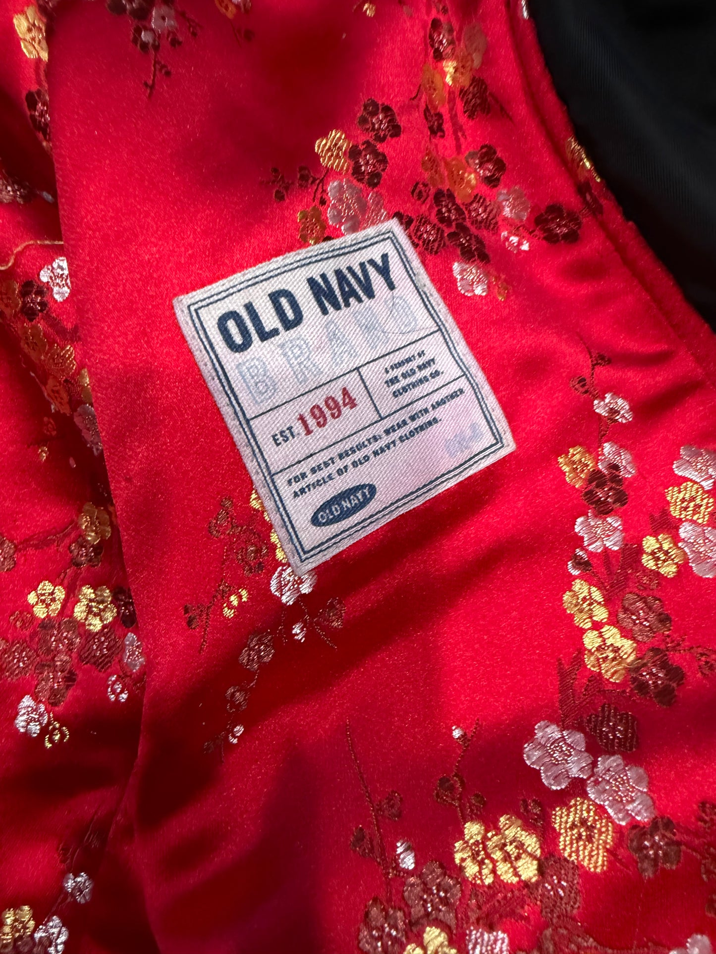 (M) 2000s old navy cherry blossom satin lined fur hood jacket