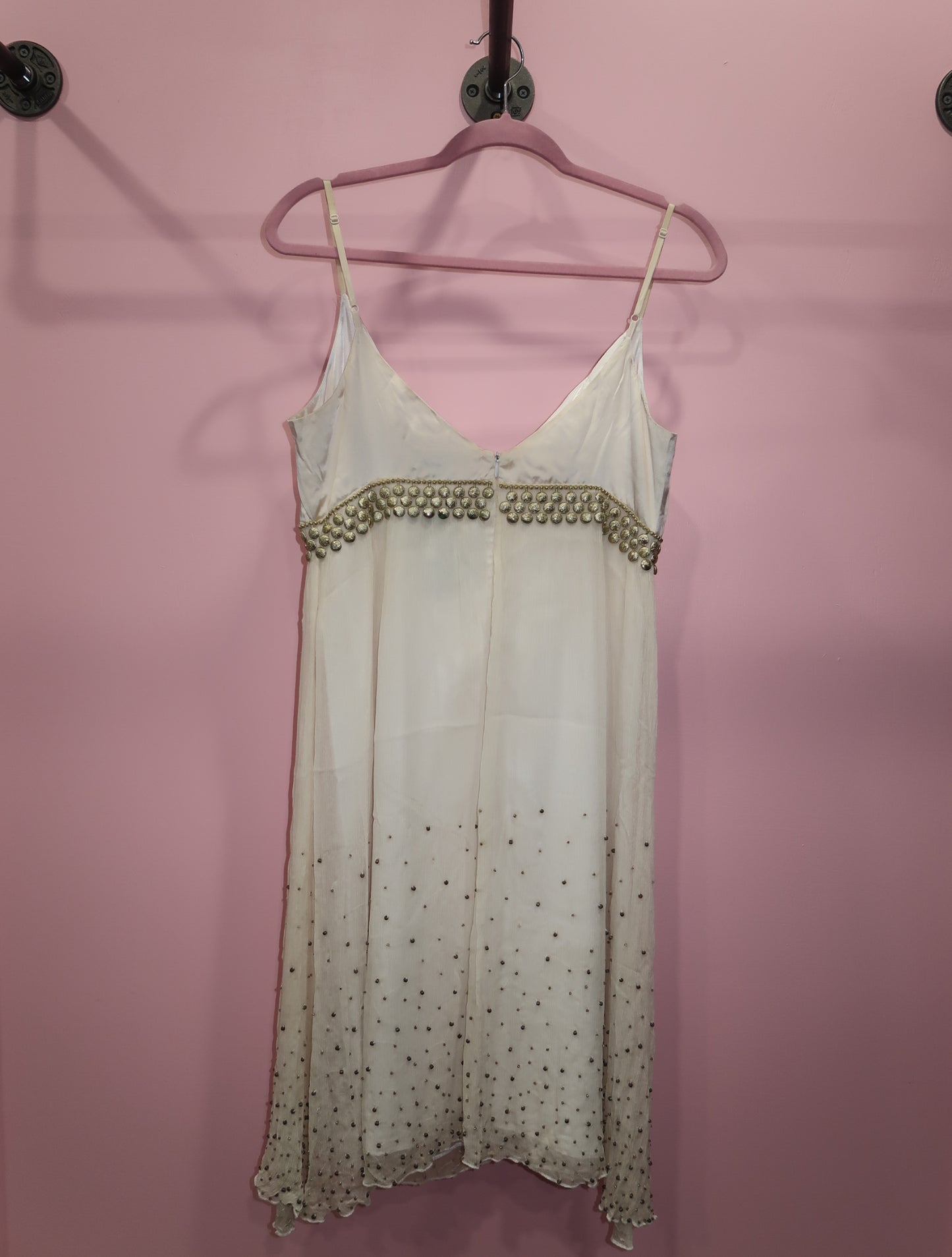 (M) vintage gold & white beaded 100% silk midi dress