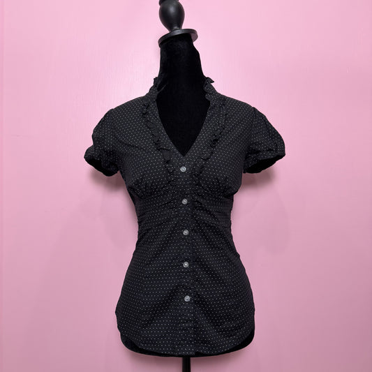 (S) Y2K polka dot ruffle trim button up blouse