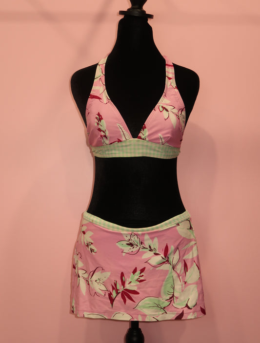 (S) 2000s pink & teal floral bikini top & skirt set