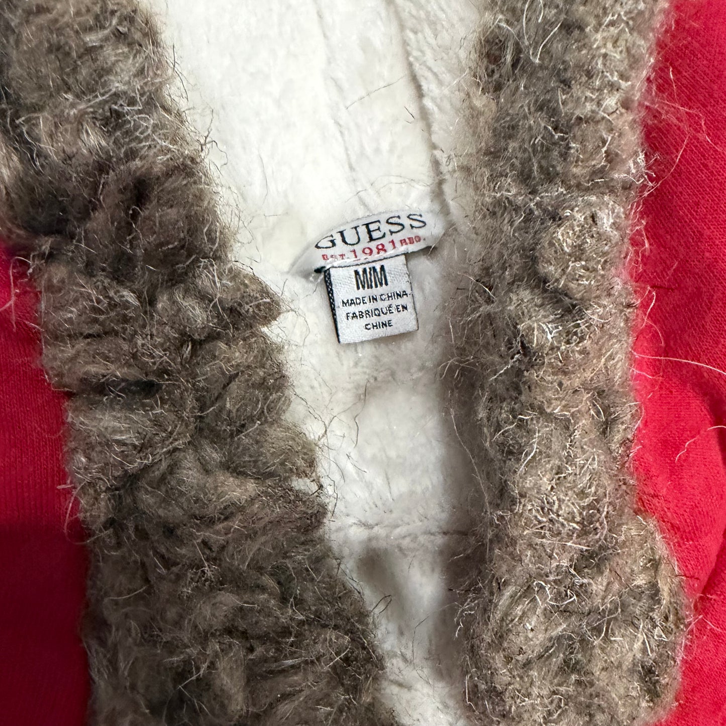 (M) early 2000s guess jeans fur hood red embellished red zip up jacket