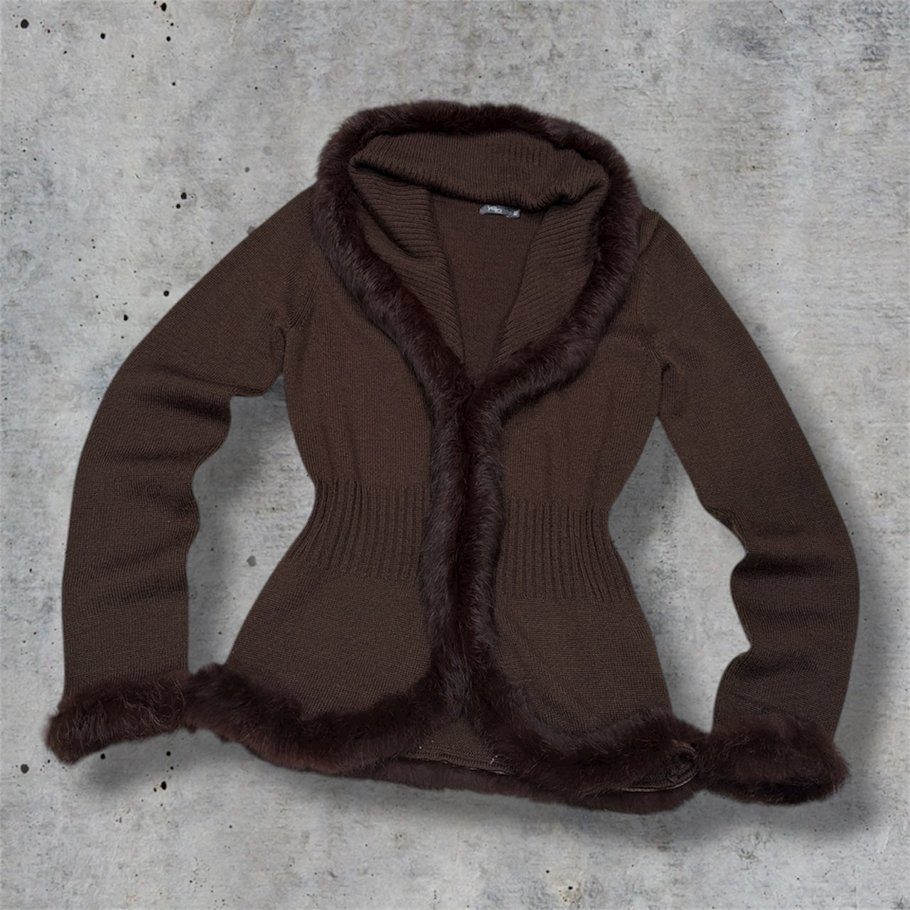 (M/L) vintage fur trim brown knit cardigan sweater