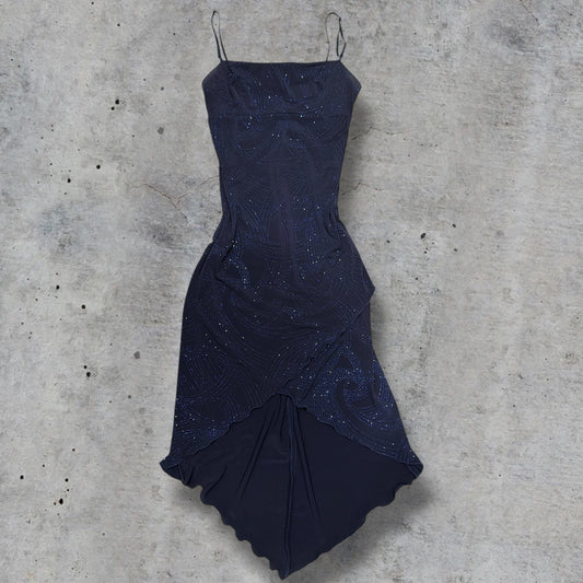 (M) vintage/early 2000s city triangles navy blue glitter asymmetrical lettuce trim maxi dress