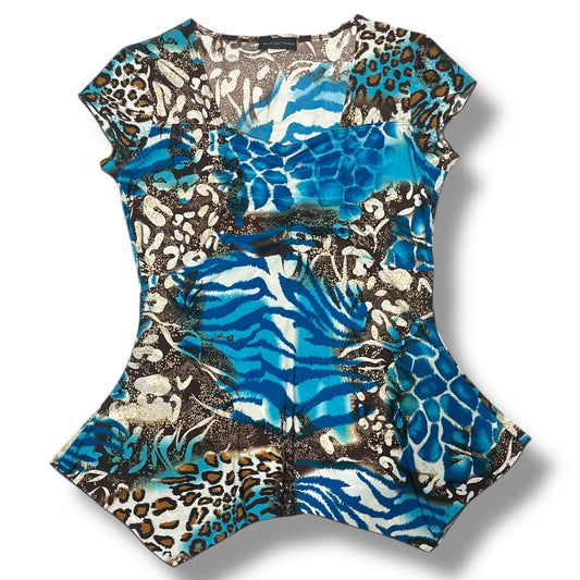 (L) 2000s Leopard & Zebra Print Asymmetrical Top