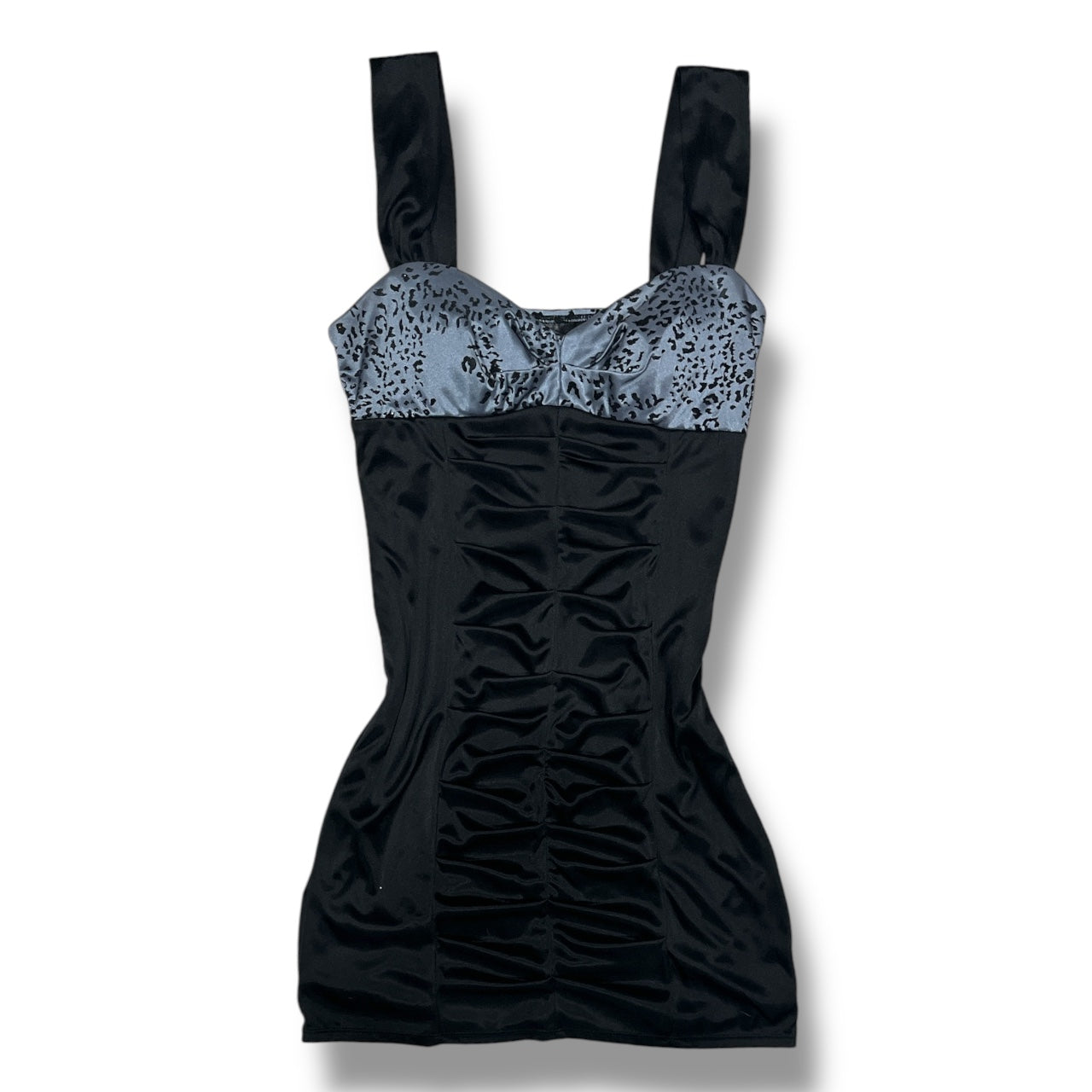 (M) 2000s Leopard Print Glittery Satin Mini Bodycon Dress