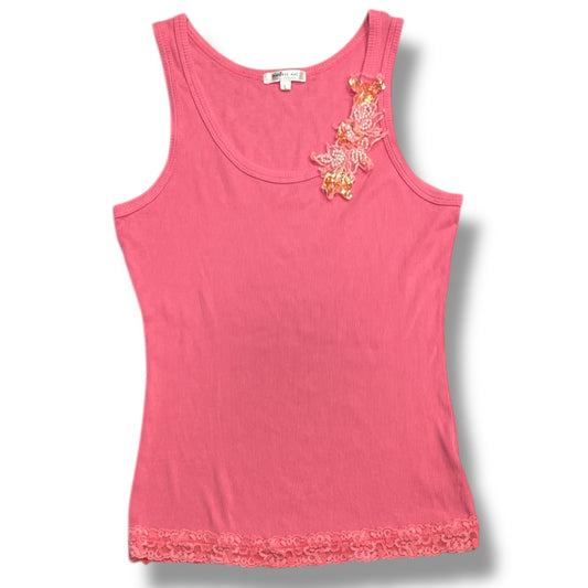 (L) 2000s Pink Sequin Pearl Flower Lace Trim Tank
