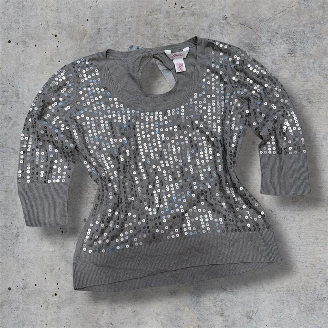 (L/XL) Y2K sequin silk bow tie sweater top