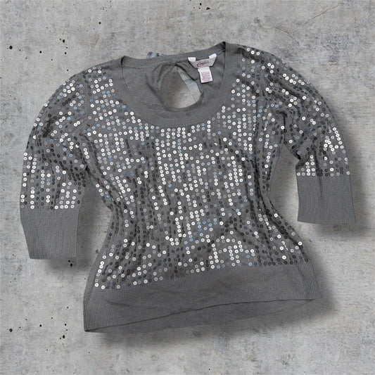 (L/XL) Y2K sequin silk bow tie sweater top