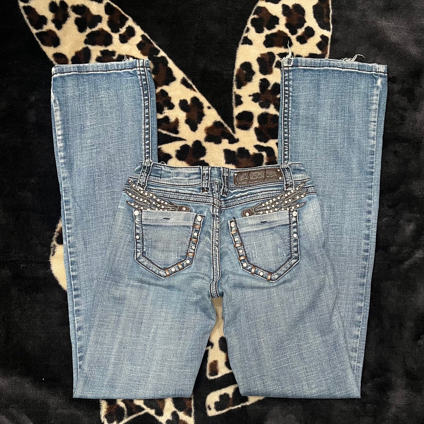 (26”) Y2K Angel Wing Embellished Flared Jeans