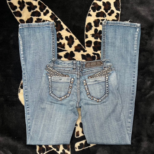 (26”) Y2K Angel Wing Embellished Flared Jeans