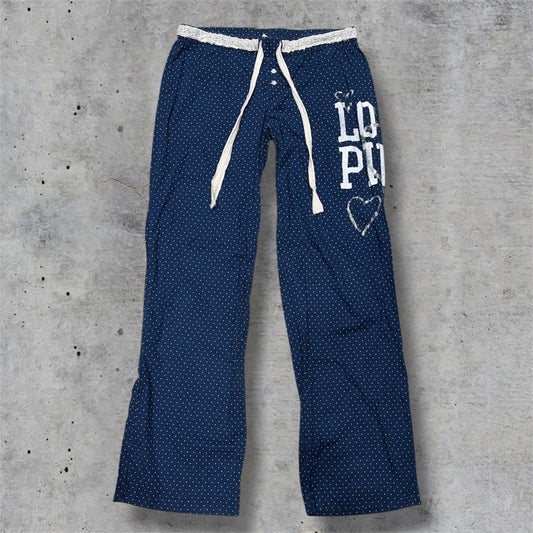 (S) Y2K/EARLY 2000s PINK BY VICTORIA’s SECRET POLKA DOT BLUE LACE TRIM LOUNGE PJ PANTS