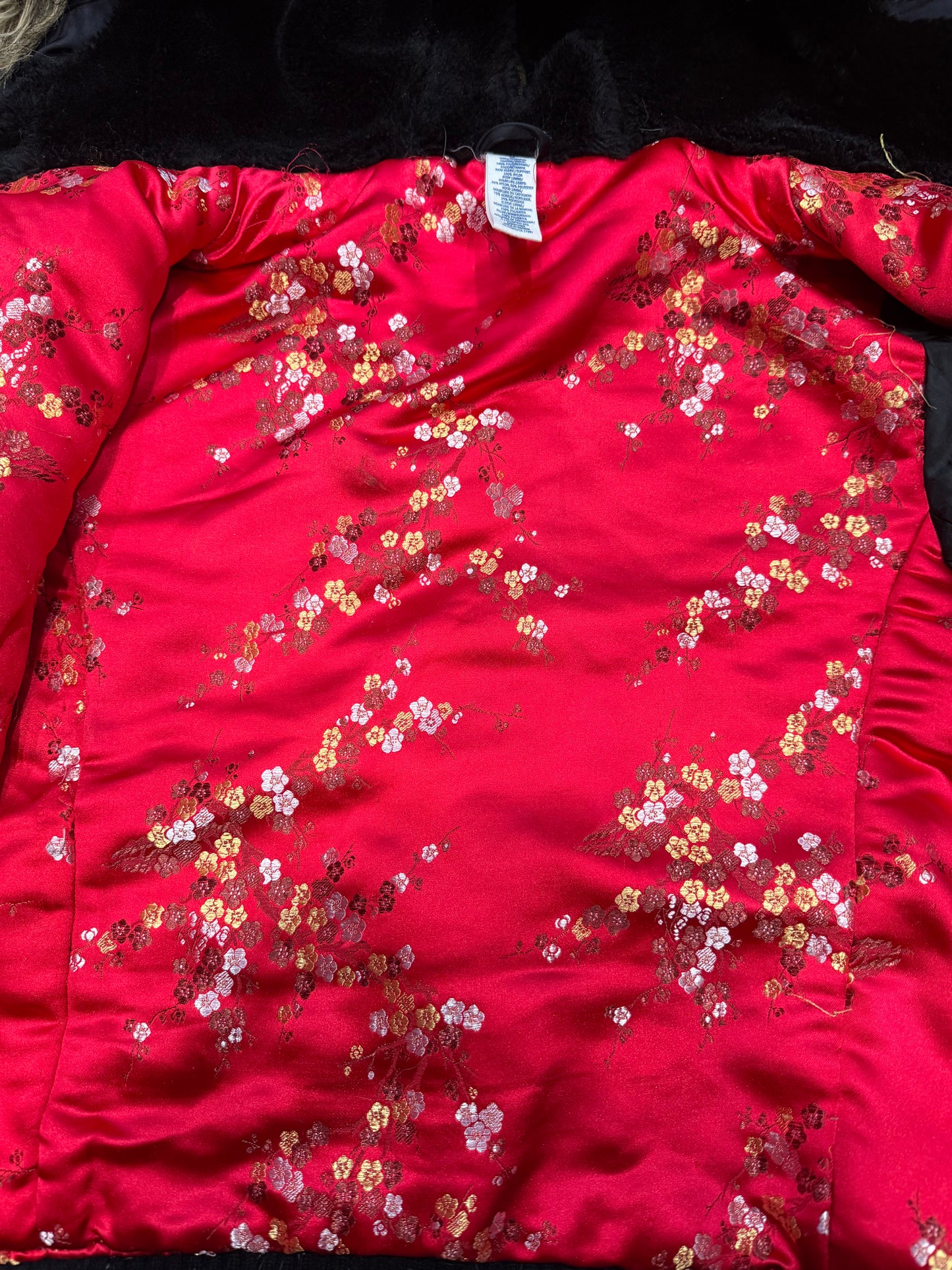 (M) 2000s old navy cherry blossom satin lined fur hood jacket