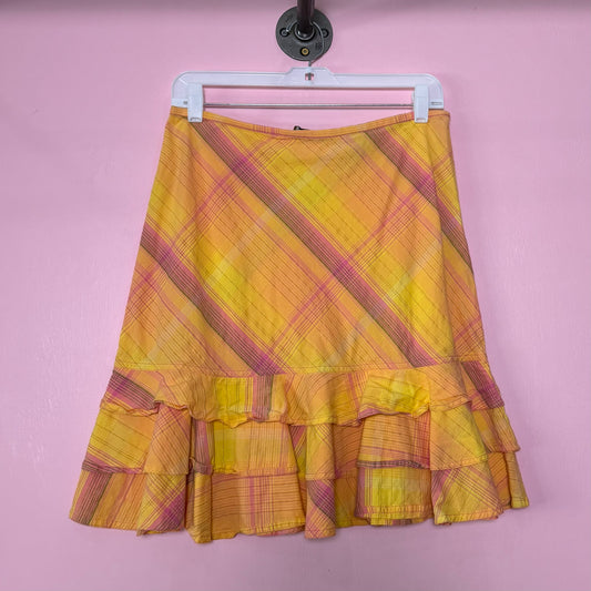 (S) Y2K pink & yellow ruffled midi skirt