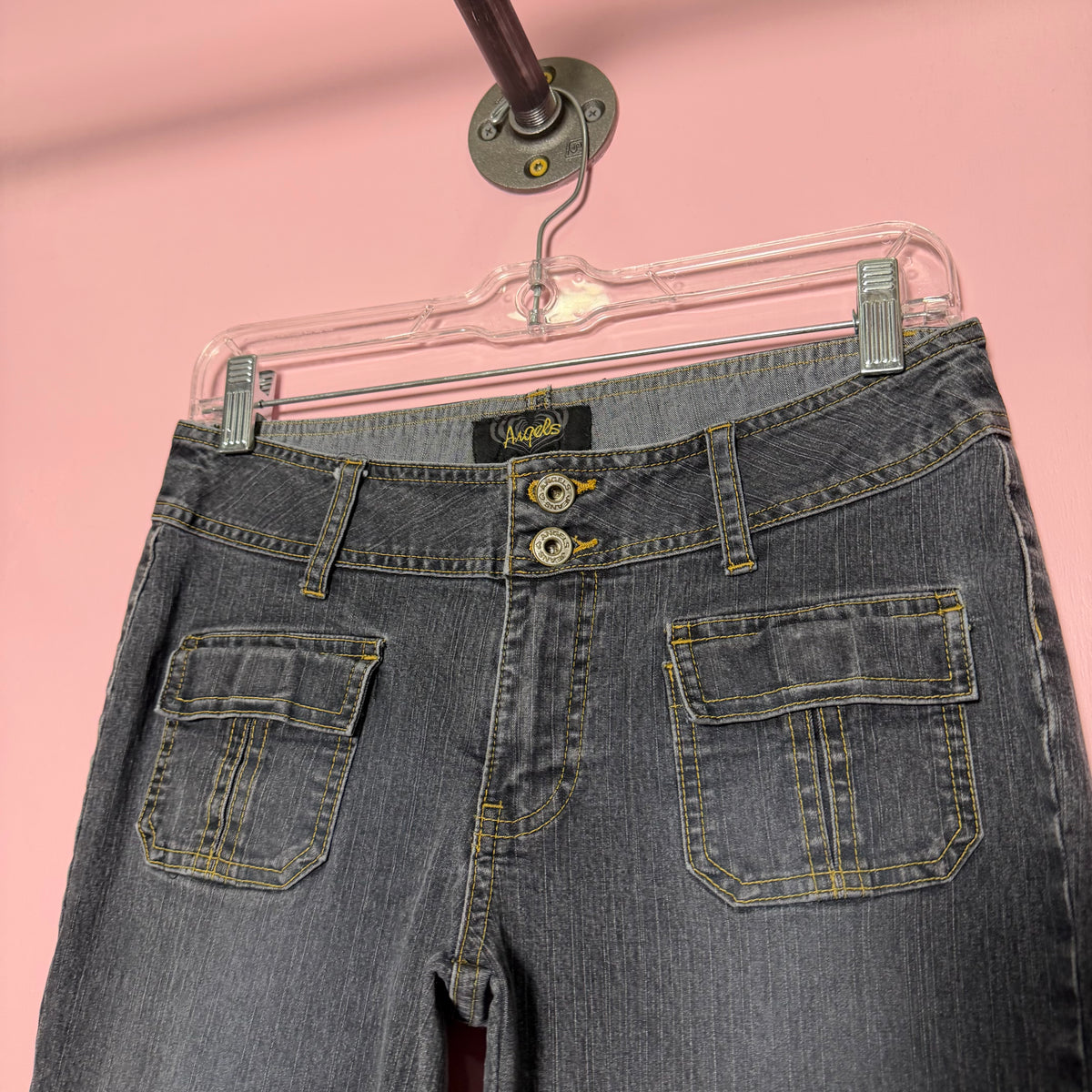 (28”) 2000s angels dark wash low rise flare jeans