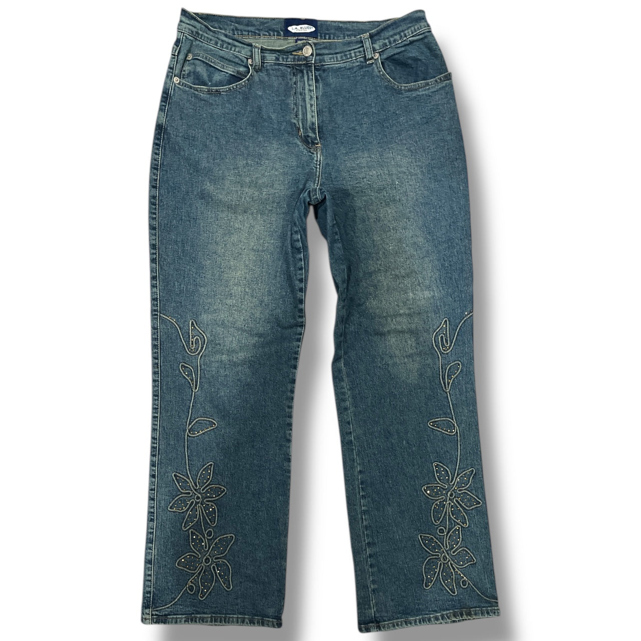 (34”) LA Blues Vintage Gold Beaded Floral Embroidered Jeans