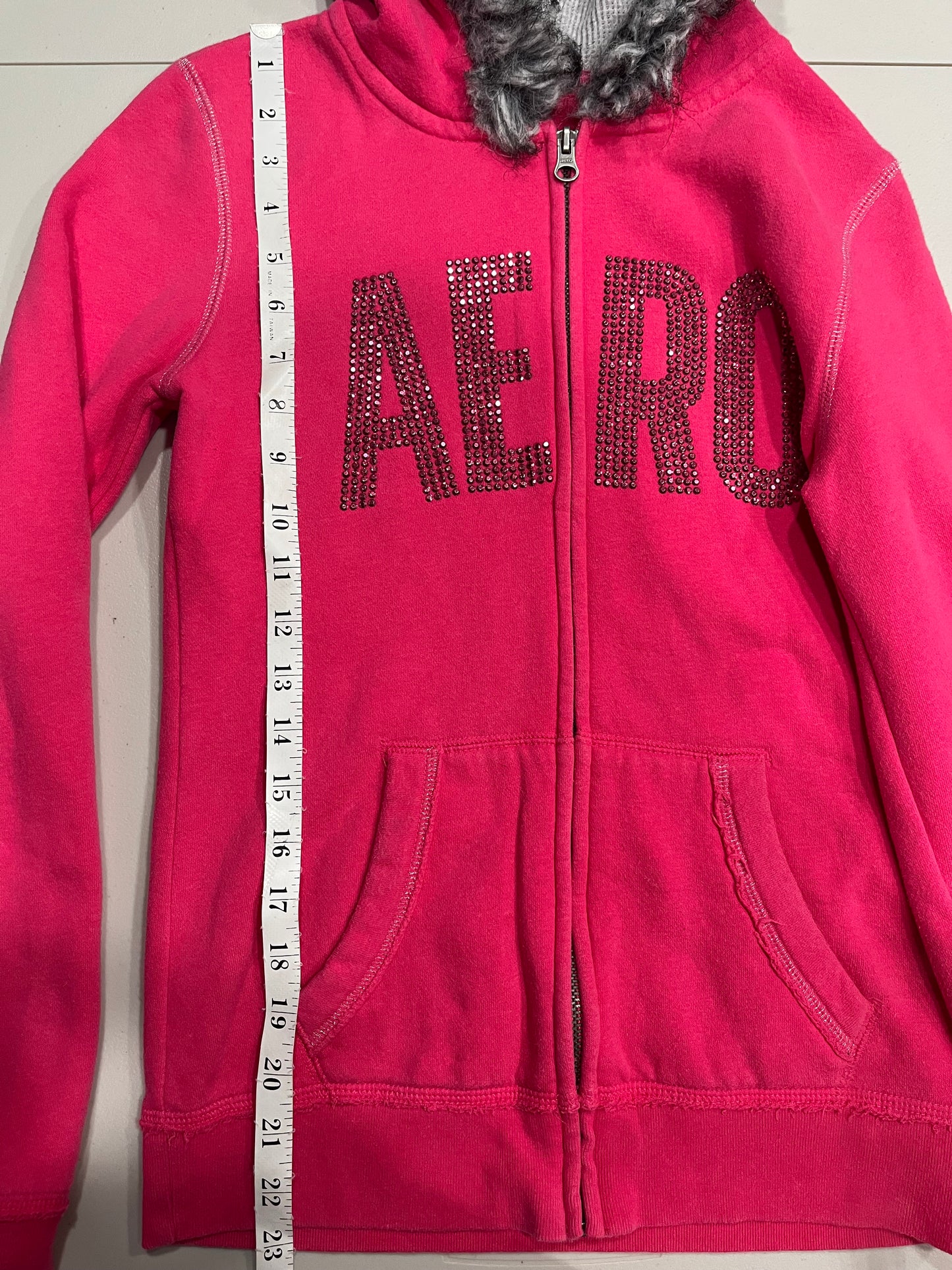 (S) 2000s Pink Bedazzled Mcbling Aeropostale Fur Hood Jacket